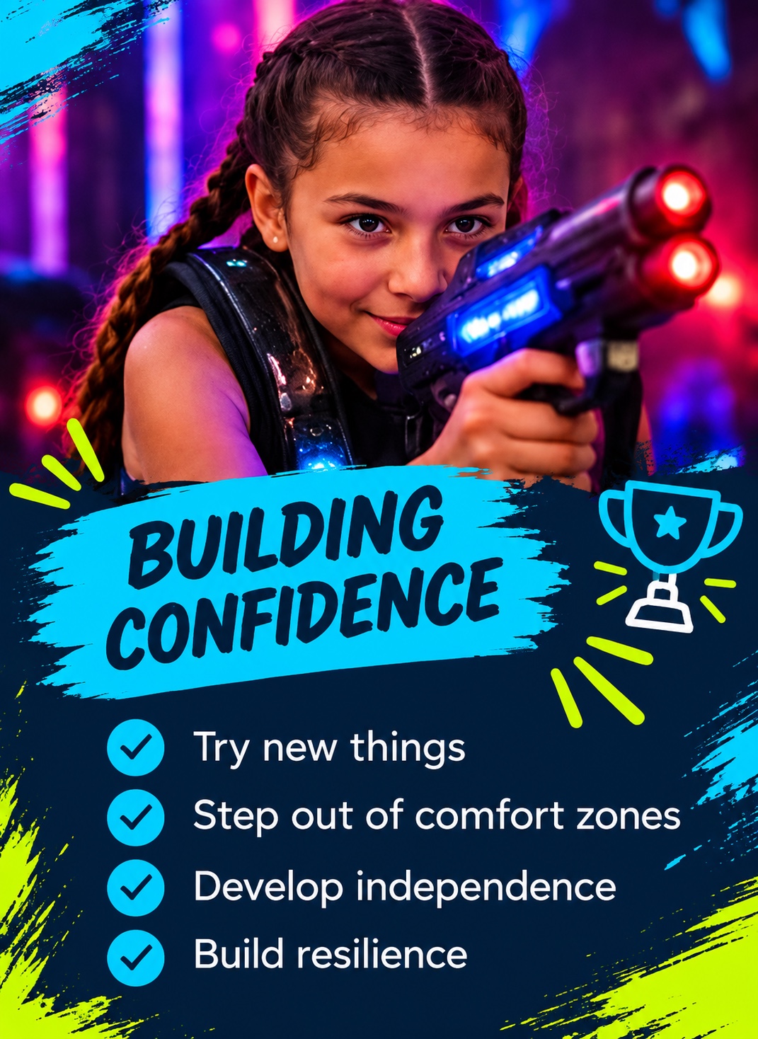 Building confidence: try new things, step out of comfort zones, develop independence and build resilience.